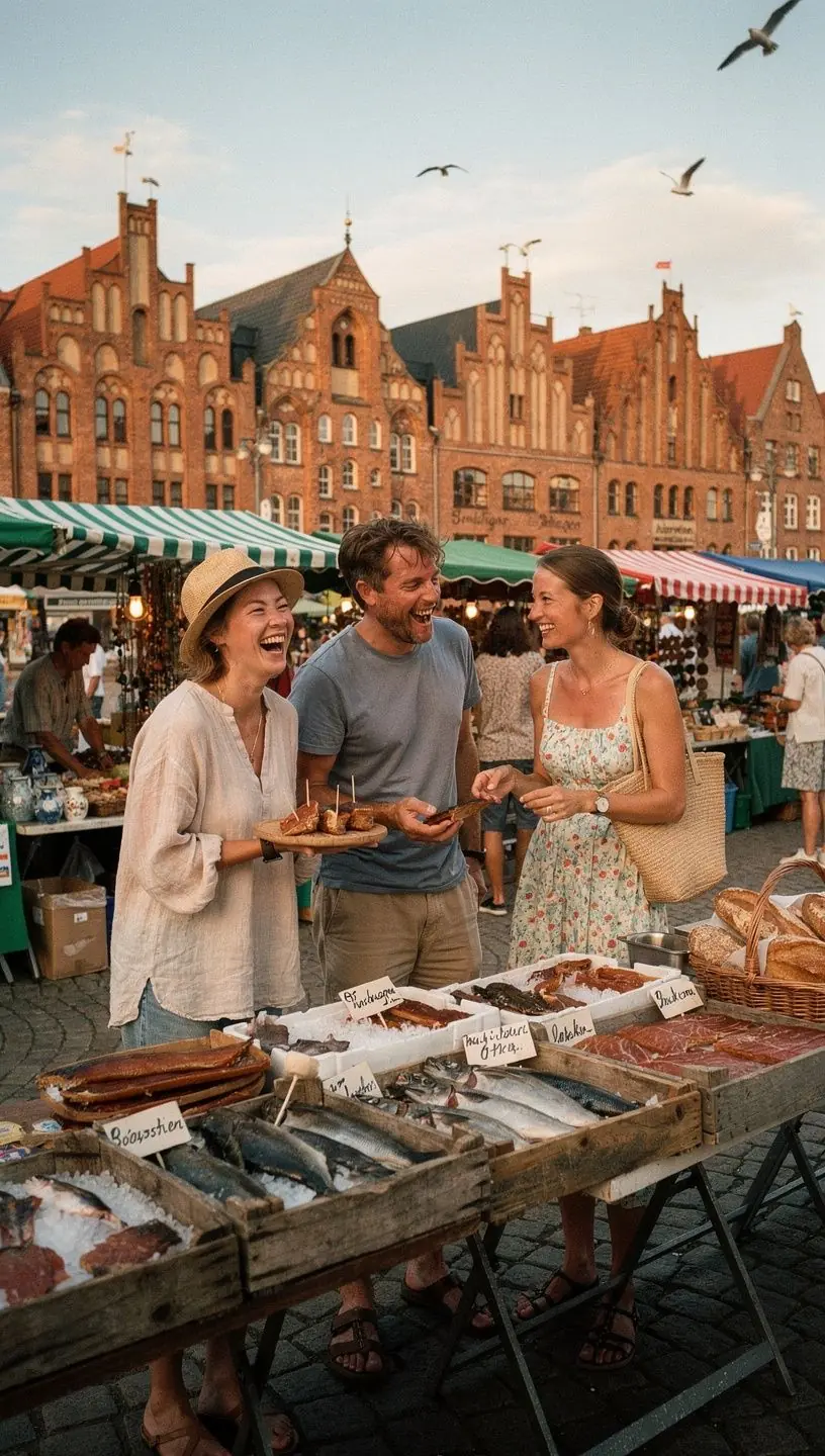 Historischer Hafen mit Segelbooten und alten Lagerhäusern an der Ostseeküste