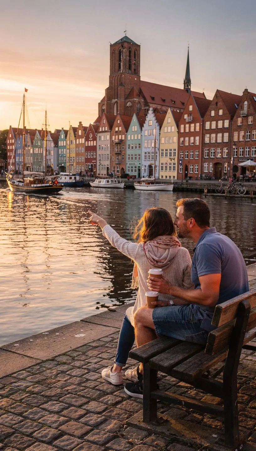 Typisches Fischerdorf mit bunten Häusern und traditionellem Leuchtturm im Hintergrund